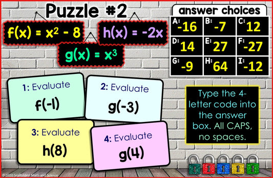 Evaluating Algebraic Functions Digital Math Escape Room Activity