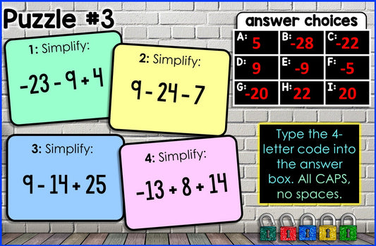 Adding and Subtracting Integers Digital Math Escape Room Activity