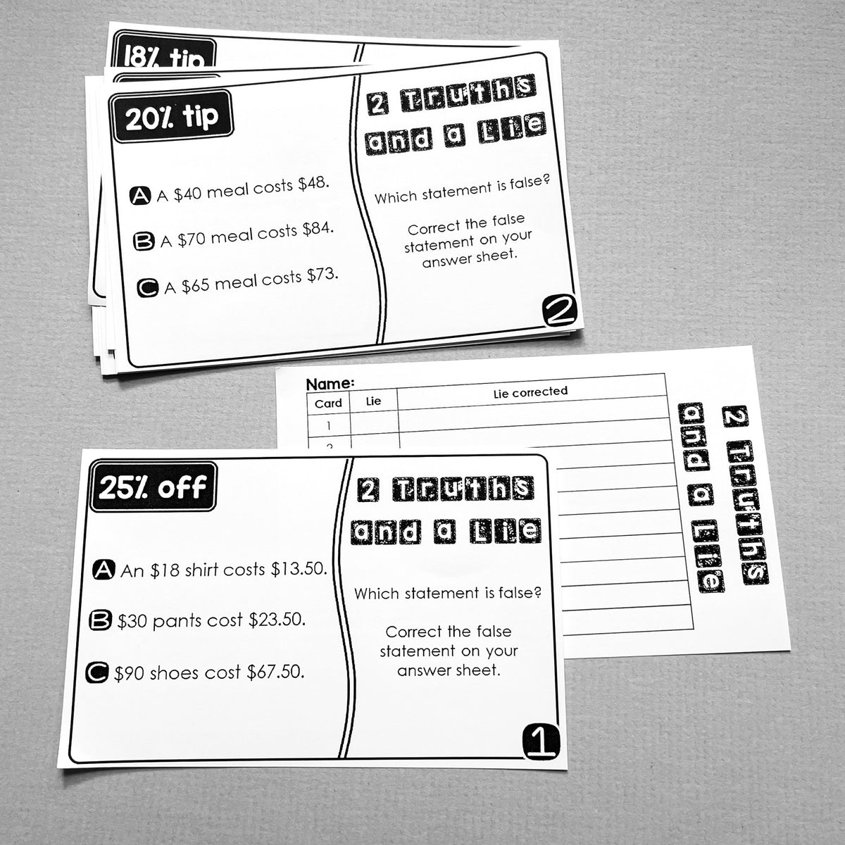 "2 Truths and a Lie" Tax Tip Discount Error Analysis Activity
