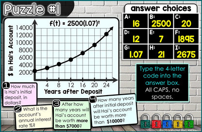 Exponential Growth and Decay Digital Math Escape Room Activity