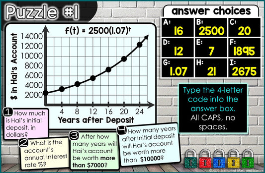 Exponential Growth and Decay Digital Math Escape Room Activity