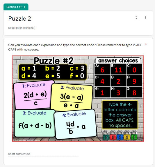 Evaluating Algebraic Expressions Digital Math Escape Room Activity