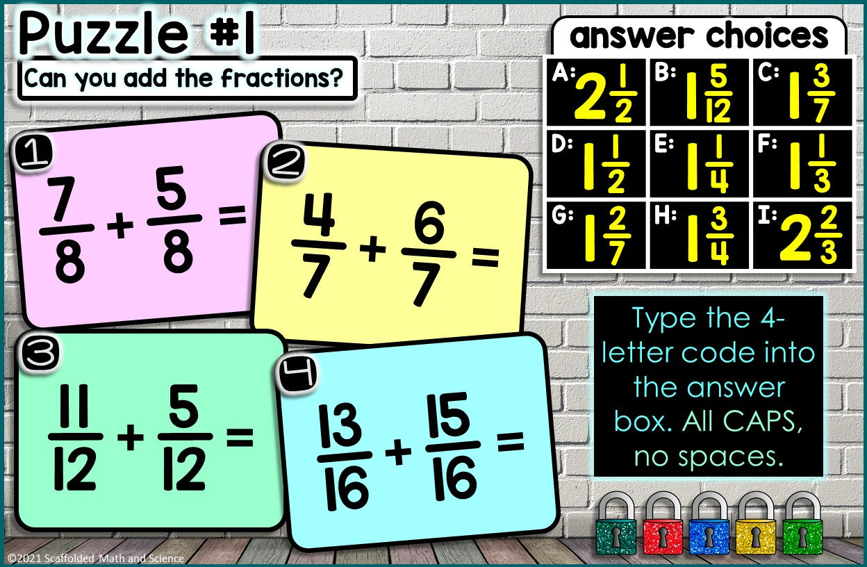 Add and Subtract Fractions Digital Math Escape Room