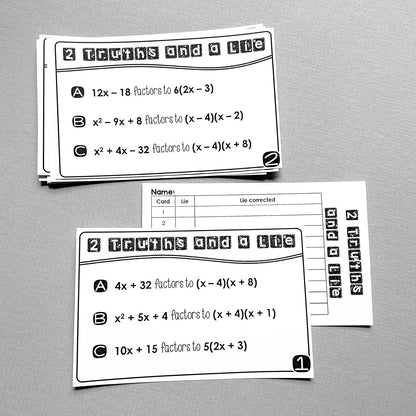 "2 Truths and a Lie" Factoring Polynomials & Quadratics Error Analysis Activity