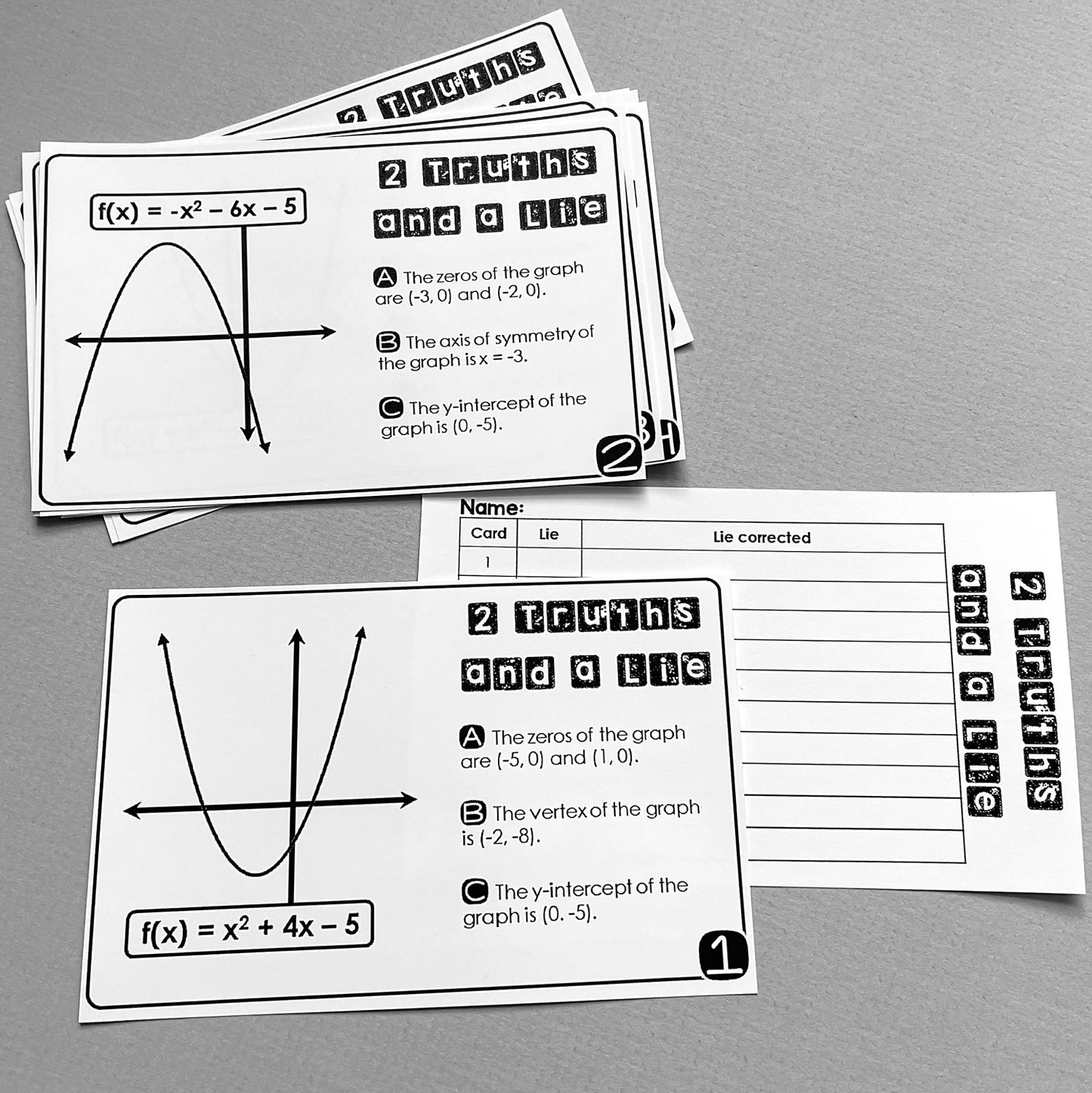 "2 Truths and a Lie" Key Features of Quadratic Graphs Error Analysis Activity
