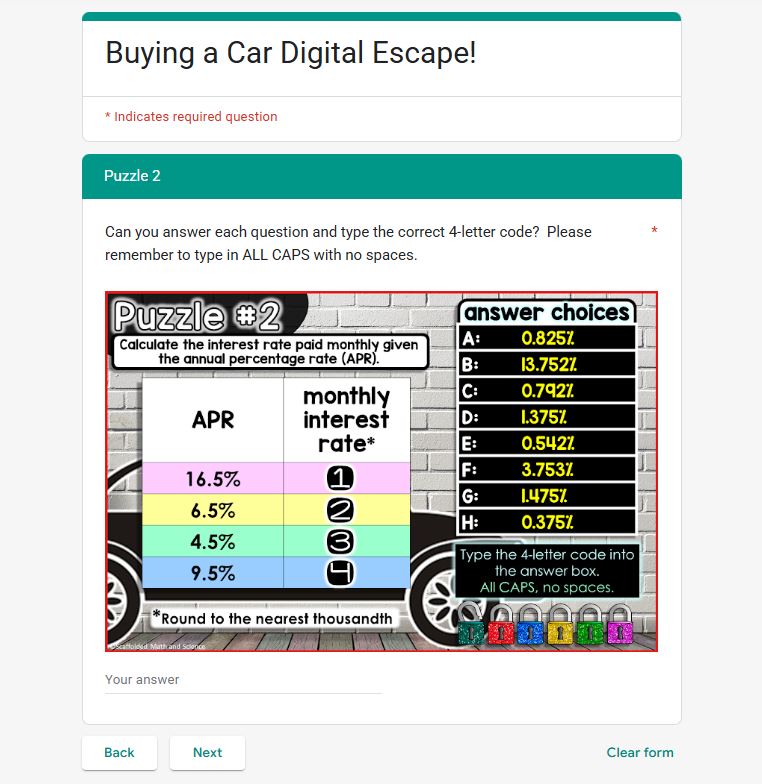 Buying a Car Financial Literacy Escape Room