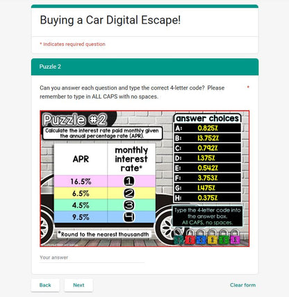Buying a Car Financial Literacy Escape Room