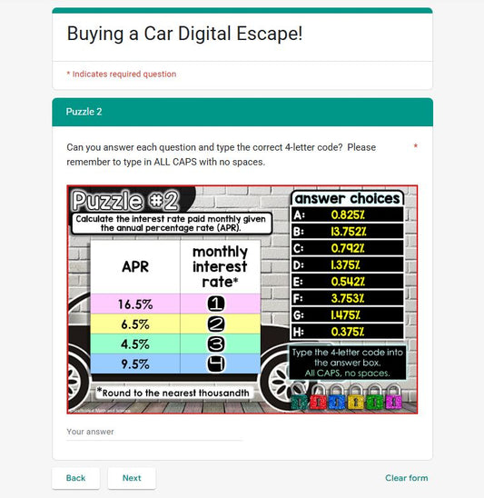 Buying a Car Financial Literacy Escape Room
