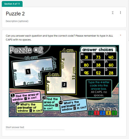 Area, Perimeter and Volume Digital Math Escape Room Activity