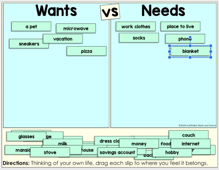 Wants vs. Needs Digital Sorting Activity