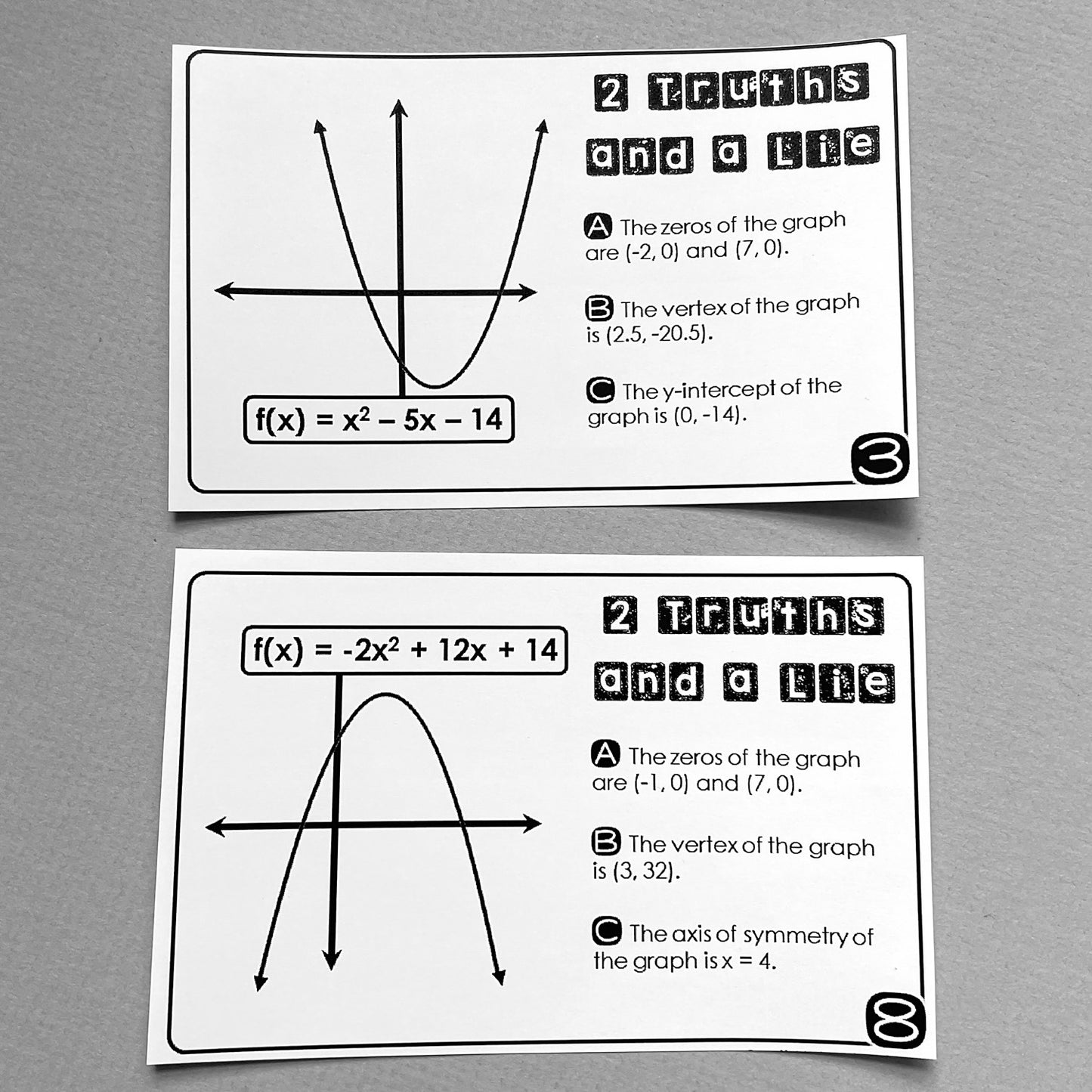 "2 Truths and a Lie" Key Features of Quadratic Graphs Error Analysis Activity