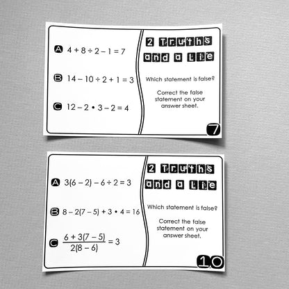 "2 Truths and a Lie" Order of Operations Math Error Analysis Activity