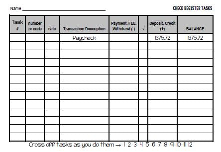 Balancing a Checkbook Financial Literacy Activity