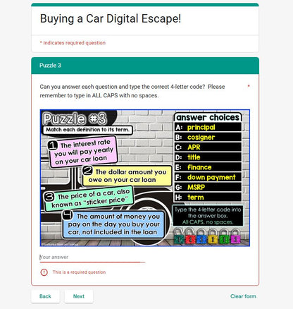 Buying a Car Financial Literacy Escape Room