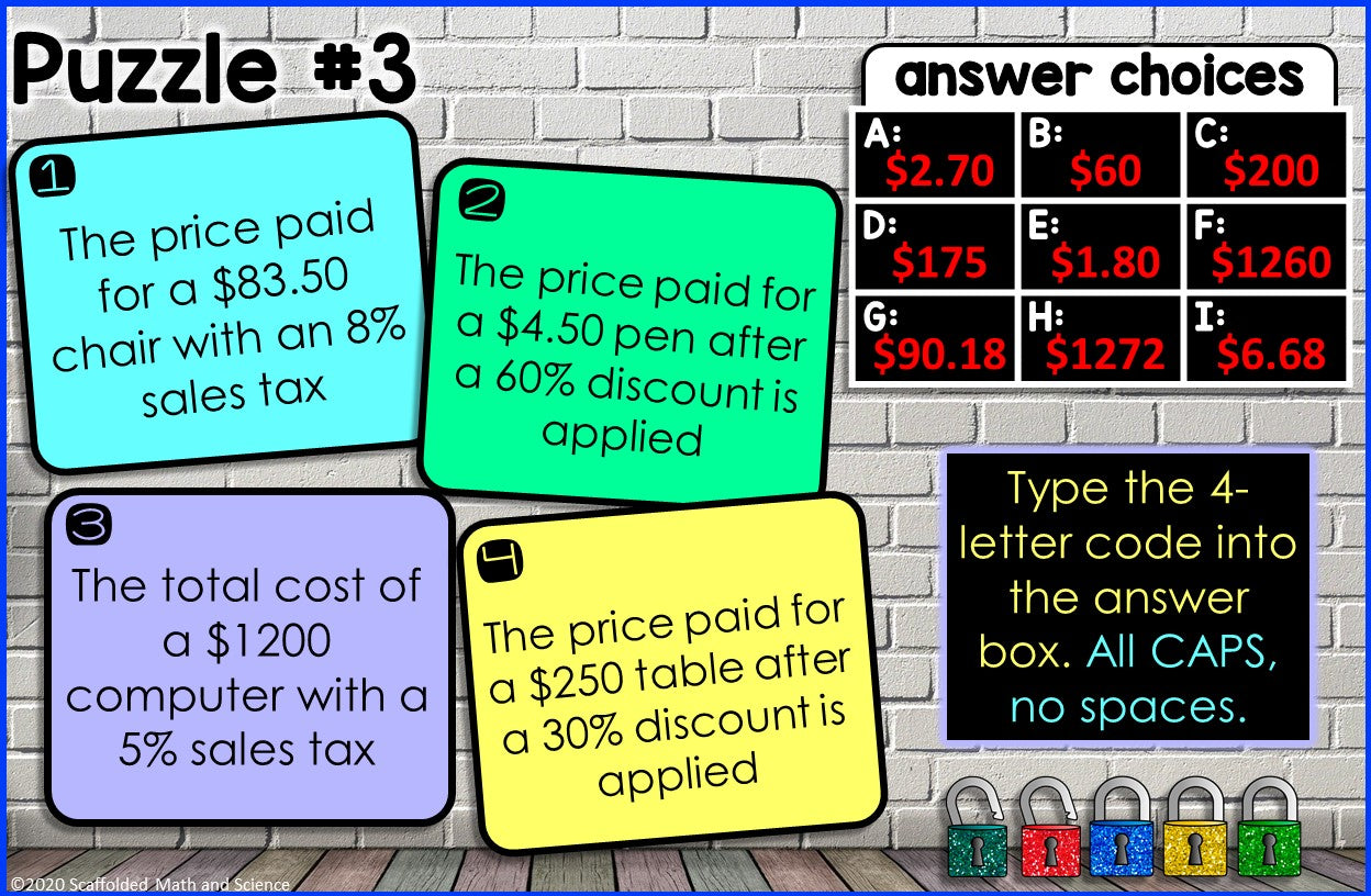 Percent Sales Tax, Tip, Discount Digital Math Escape Room
