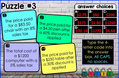 Percent Sales Tax, Tip, Discount Digital Math Escape Room