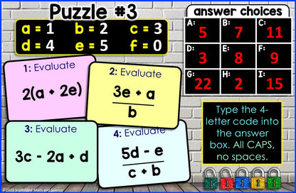 Evaluating Algebraic Expressions Digital Math Escape Room