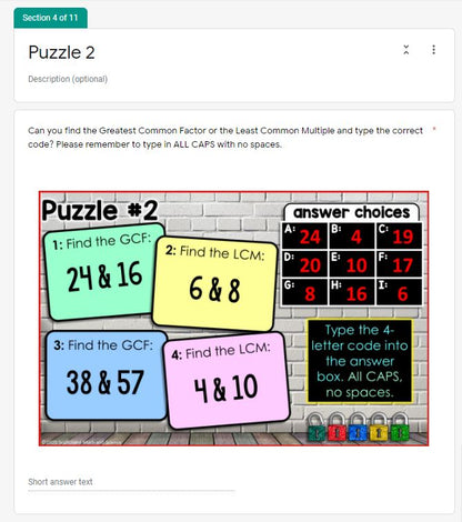 GCF and LCM Digital Math Escape Room Activity