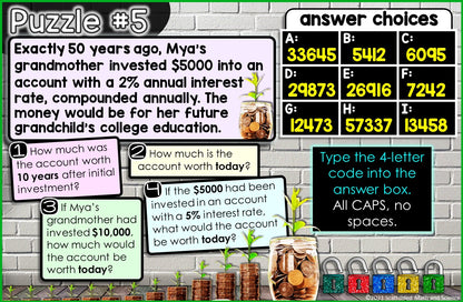 Exponential Growth and Decay Digital Math Escape Room Activity