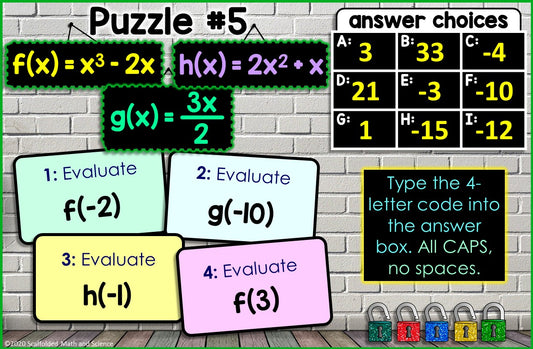 Evaluating Algebraic Functions Digital Math Escape Room