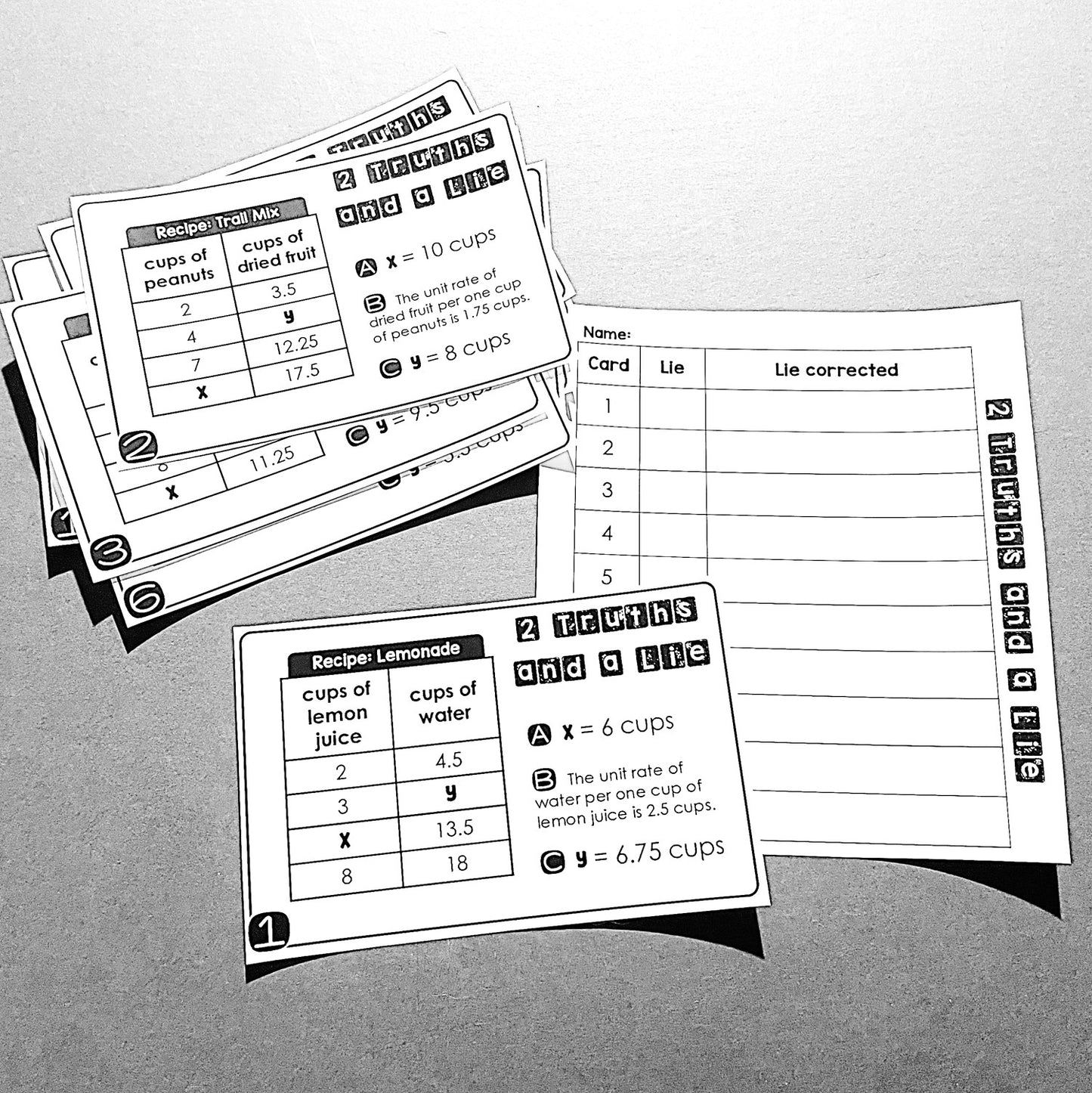 "2 Truths and a Lie" Ratio Tables and Unit Rates Error Analysis Activity