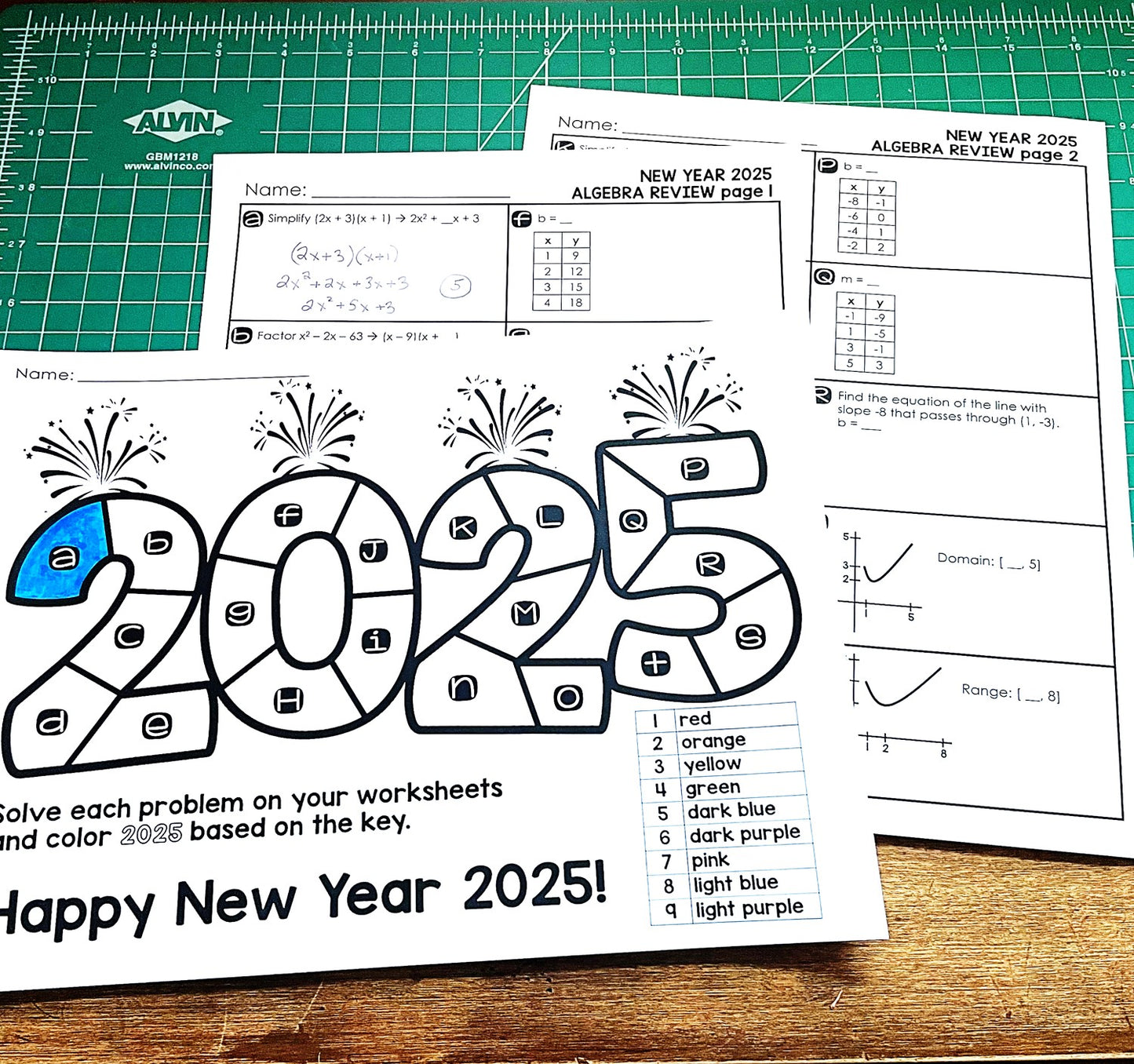 Editable New Years 2025 Algebra 1 Midterm Review Coloring Activity