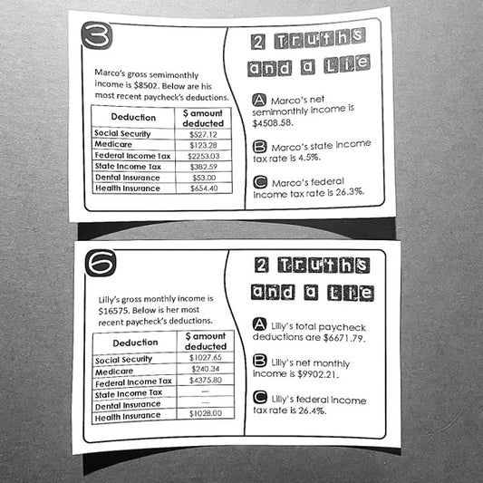 "2 Truths and a Lie" Paycheck Deductions Net & Gross Pay Error Analysis Activity