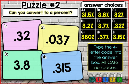 Converting Fractions, Decimals and Percents Digital Math Escape Room Activity
