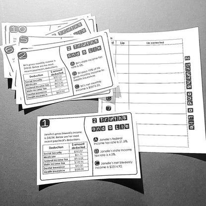 "2 Truths and a Lie" Paycheck Deductions Net & Gross Pay Error Analysis Activity
