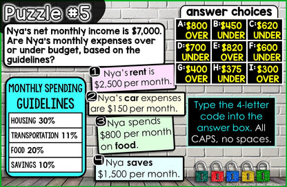 Calculating Budgets Math Escape Room Financial Literacy Activity