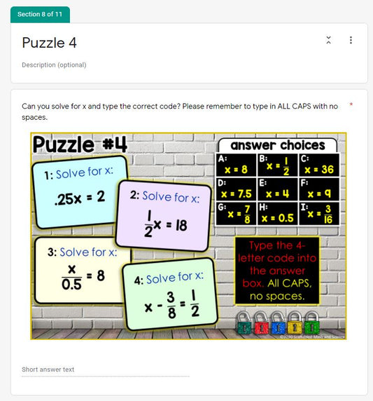 Solving One Step Equations Digital Math Escape Room Activity