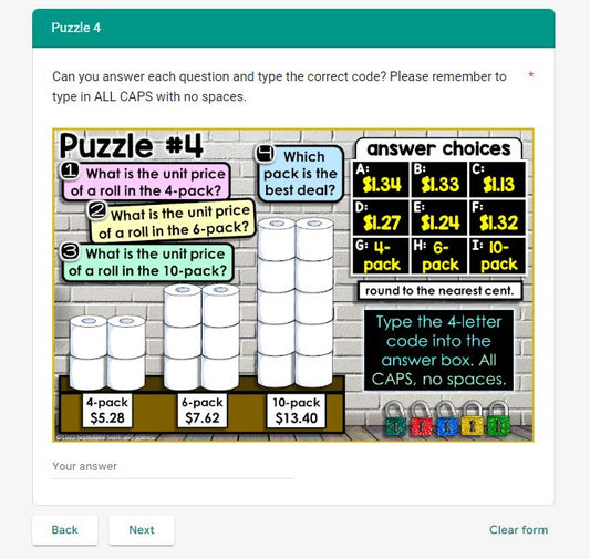Unit Price Digital Math Escape Room Activity