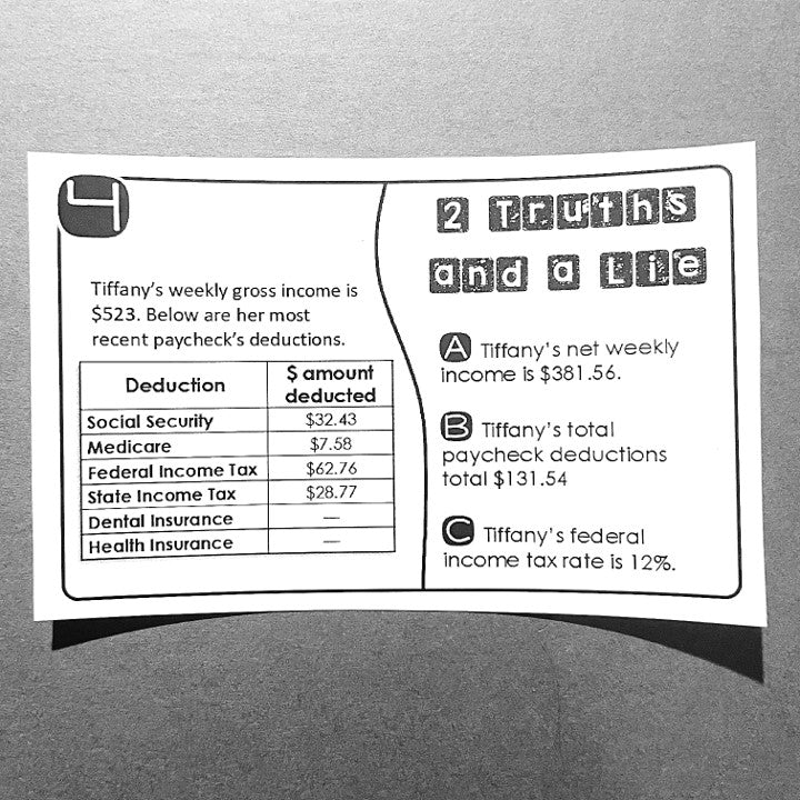 "2 Truths and a Lie" Paycheck Deductions Net & Gross Pay Error Analysis Activity