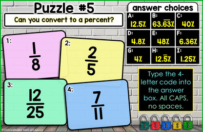 Converting Fractions, Decimals and Percentages Digital Math Escape Room