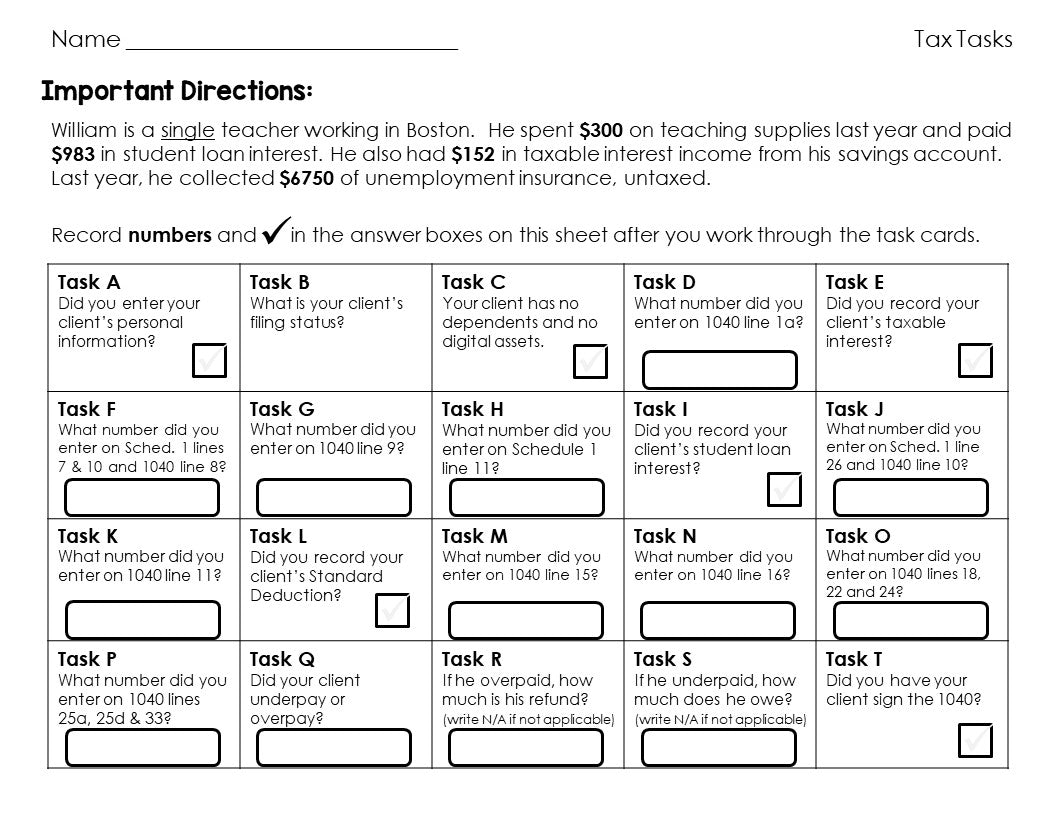 Filing Income Tax Task Cards - Federal Income Taxes 1040 Activity