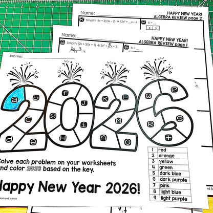 Editable New Years 2026 Algebra 1 Midterm Review Coloring Activity